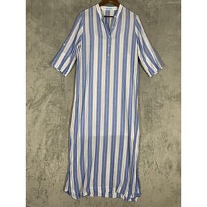 J McLaughlin Dress Sz L Blue White Stripe Cotton Roll Tab Maxi Coastal Beach